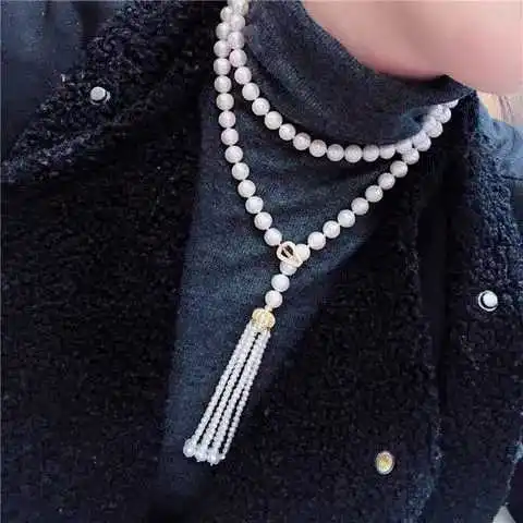 

free shipping long 8-9mm white Pearl CZ Necklace Pendant 925 silver micro inlay zircon clasp accessory jewelry