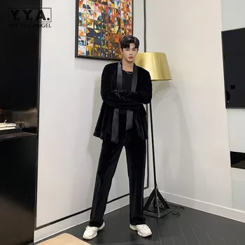 

Vintage Black Velvet Suits Set Mens Casual Loose Fit Cardigan Blazers Straight Flared Pants Fashion Spring Male Two Piece Suit