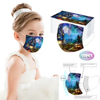

50/100pc Children's Masks Halloween Printed Disposable 3-layer Nonwove Mascarilla Infantil Windbreak Seamless Mask With Design