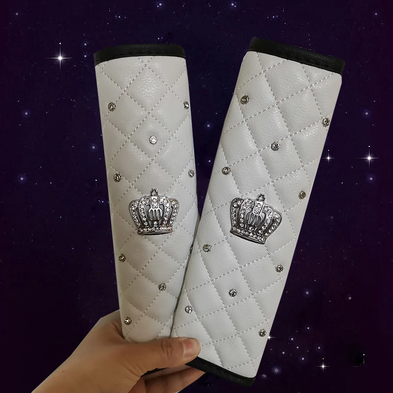 2pcs Fashion Rhinestone Leather Car Sefety Seat Belt Cover Crystal Crown Universal Shoulder Pad Car Styling Interior Accessories car accessories,seat belt covers,car seat belt accessory,safety belt shoulder guard