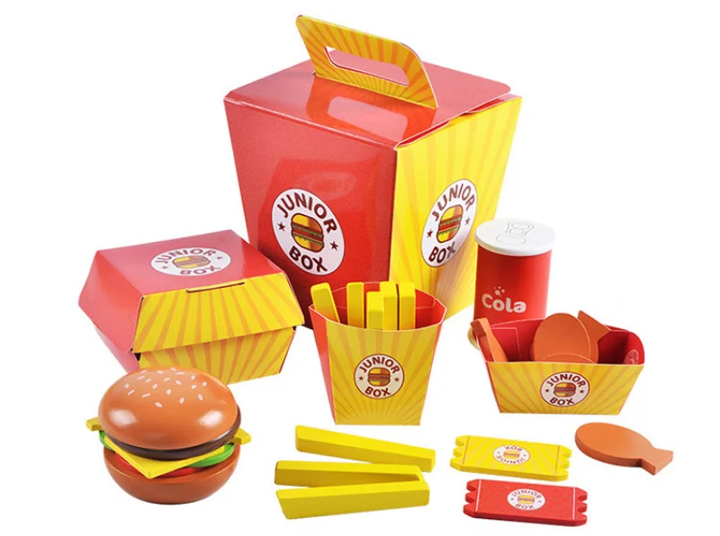 Simulação de Madeira Hamburger Fries Fast Food Mdeol Conjunto Crianças Fingir Jogar Brinquedo Criando Empilhamento Burger Combinações Presentes 8 Brinquedos e hobbies