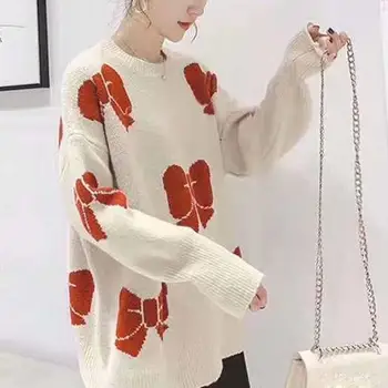 

New Winter Women Loose Thick Sweaters Casual Christmas Xmas Knit Pullovers Bowknot Printed Knitted Sweaters Jumper