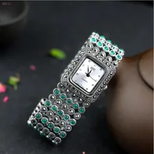 Серебро 925 пробы S925 Серебряные Браслеты для женщин и мужчин ювелирные изделия для женщин тайский серебряный браслет часы инкрустированный Зеленый Халцедон