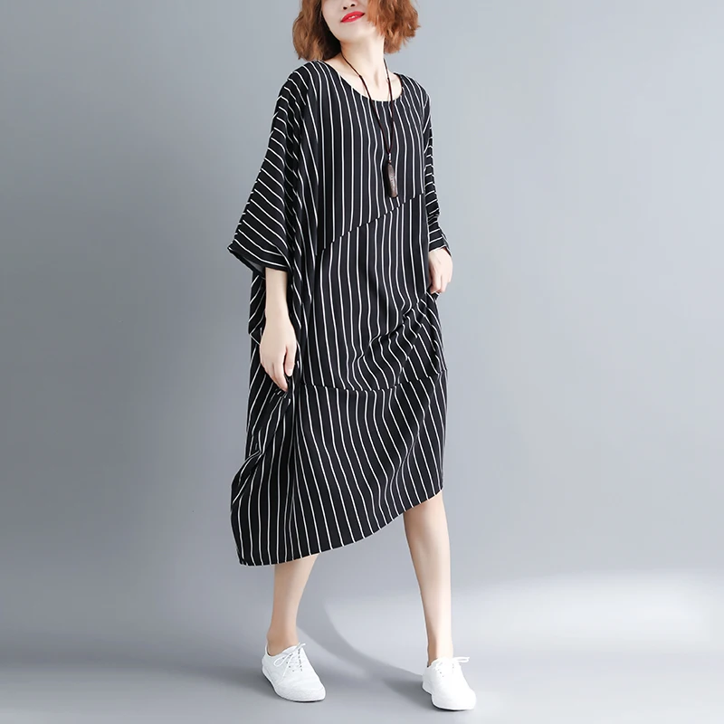 

2019 Autumn New Loose Thin Cover Meat T-Shirt Long Dresses Casual Wild Striped Art Large Size Women Maxi Dress 4XL 5XL 6XL 7XL