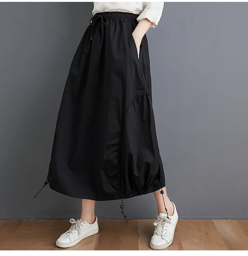 Oladivi Oversized Women Midi Skirt Fashion Ladies Summer Autumn Casual Loose Elastic Waist Drawstring Pocket Skirt Black 3XL 2XL capri jeans for women