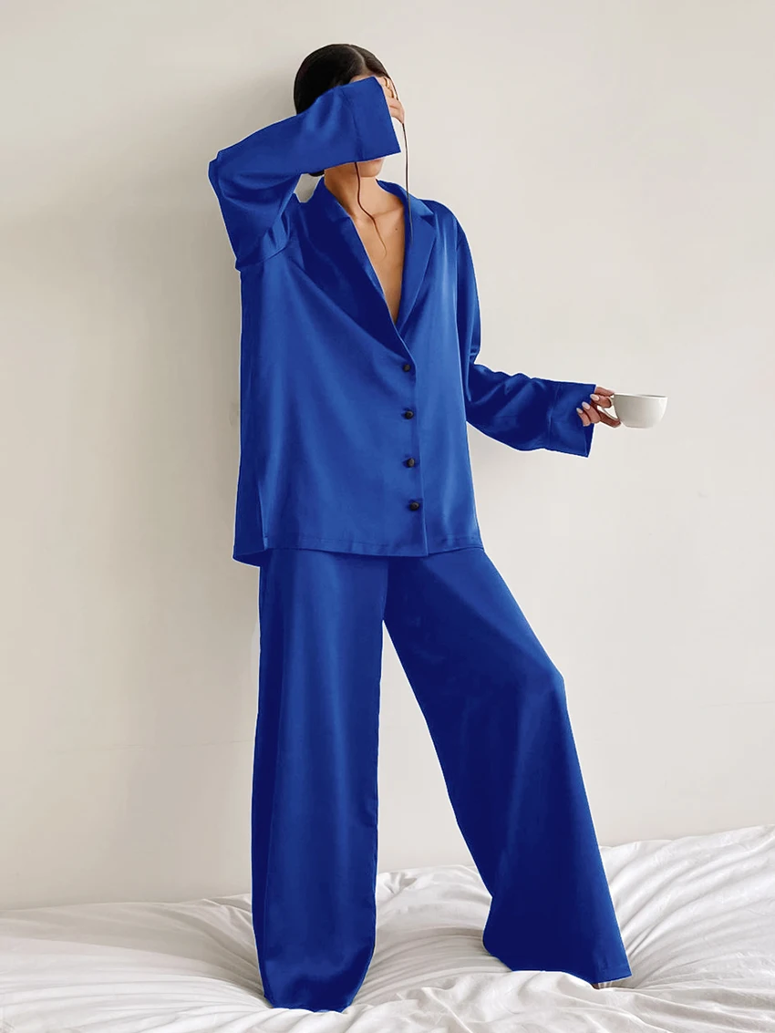 satin pajamas Hiloc Oversized Satin Silk Sleepwear Low Cut Sexy Pajamas For Women Single-Breasted Long Sleeves Wide Leg Pants Trouser Suits cotton pyjamas for ladies