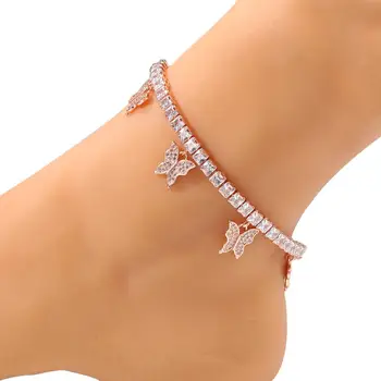 

Women Iced Out Anklet Bracelets Butterfly Charm 4mm Cubic Zirconia Tennis Chain Anklet Gift for Girl Beach Hip Hop Feet Jewelry
