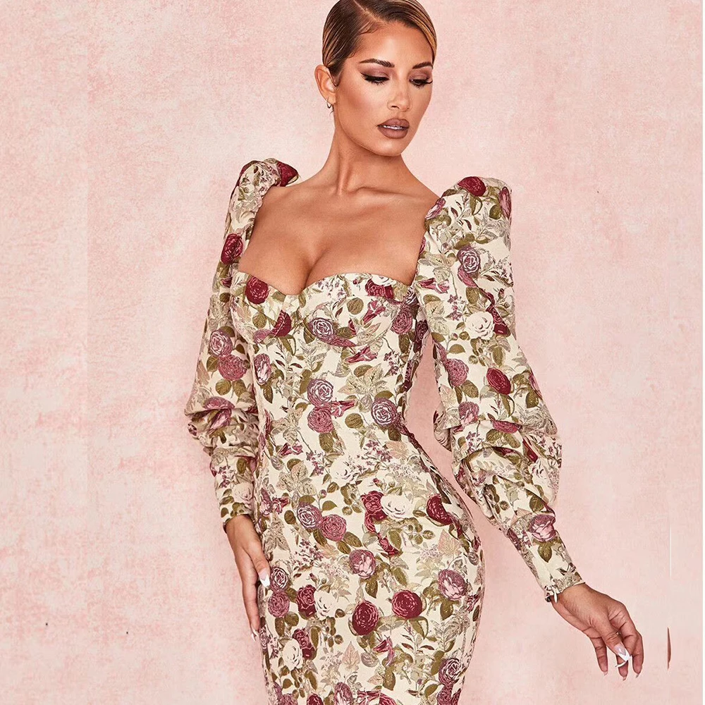 Сексуальное женское мини-платье с принтом и рукавами-фонариками облегающее