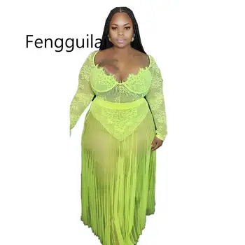 

FENGGUILAI Lace Plus Size Two Piece Set Women Sexy Long Sleeve See Through Bodysuit Top Neon And Long Mesh Beach Skirts Outfit