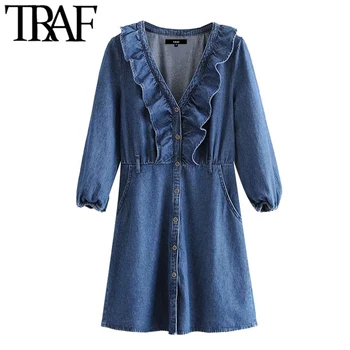 

TRAF Women Chic Fashion Ruffled Denim Mini Dress Vintage V Neck Three Quarter Sleeve Female Dresses Vestidos Mujer
