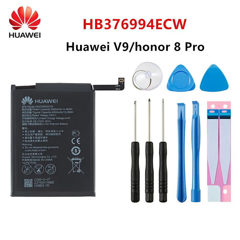 

Hua Wei 100% Orginal HB376994ECW 4000mAh Battery For Huawei V9 honor 8 Pro DUK-AL20 DUK-TL30 Replacement Batteries +Tools