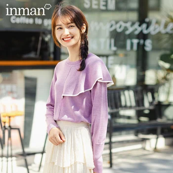 

INMAN 2020 Spring New Arrival Sweet Style Round Collar Irregular Lotus Decoration Women Pullover Sweater