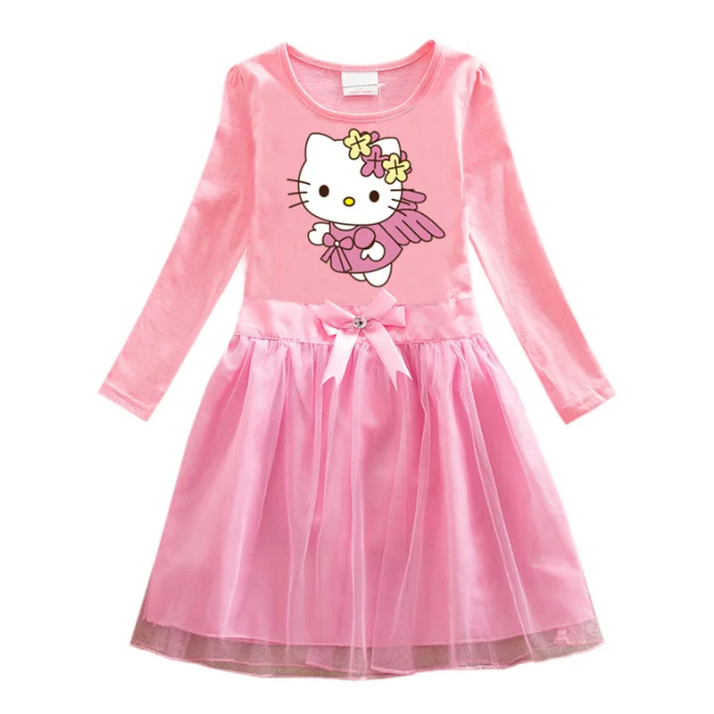 Осеннее платье для девочек с принтом «hello kitty»; платья с длинными рукавами для девочек; платье принцессы с бантом для подростков; Детские платья для девочек для повседневной вечеринки и дня рождения - Цвет: Pink