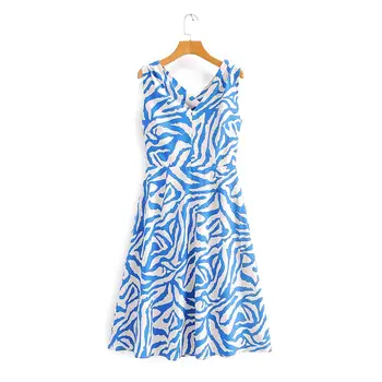 

2020 women fashion v neck blue zebra striped print kneeth a line dress chic women backless zipper vestidos casual dresses DS3685