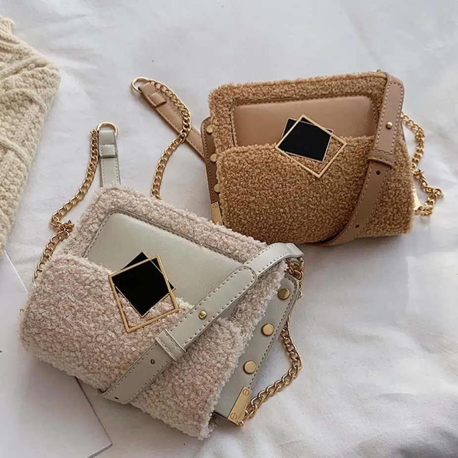 

Elegant Female Plush Crossbody Bag 2019 Winter New Quality PU Leather Women's Designer Handbag Lock Chain Shoulder Messenger Bag