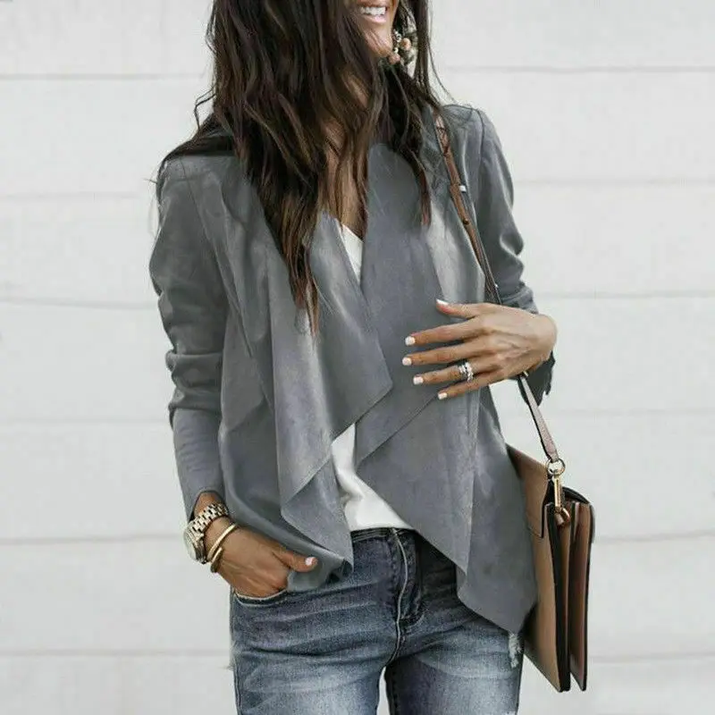 Womens Long Sleeve Waterfall Cardigan Blazer Coat Outwear Suede Biker Jacket Autumn Women Clothes Bikini Cover Up Beachwear
