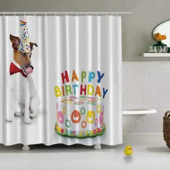 

Birthday Decorations for Kids Shower Curtain White Shower Curtain,Russel Dog Pet with Hat at a Party Celebration with