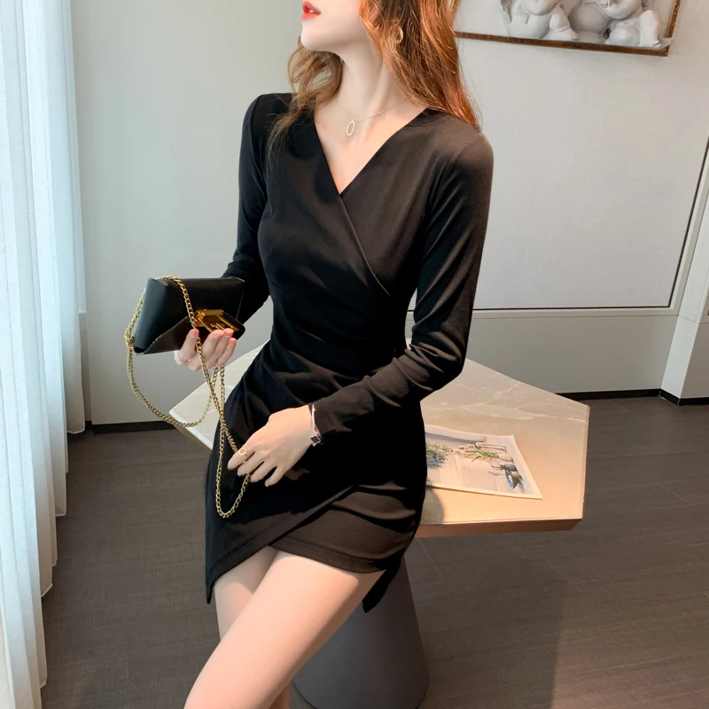 

Autumn V-neck Sexy Dress Women Tight-fitting Dresses Women Elegant Solid Mini Long Sleeve Dresses Club Dress for Party Vestidos