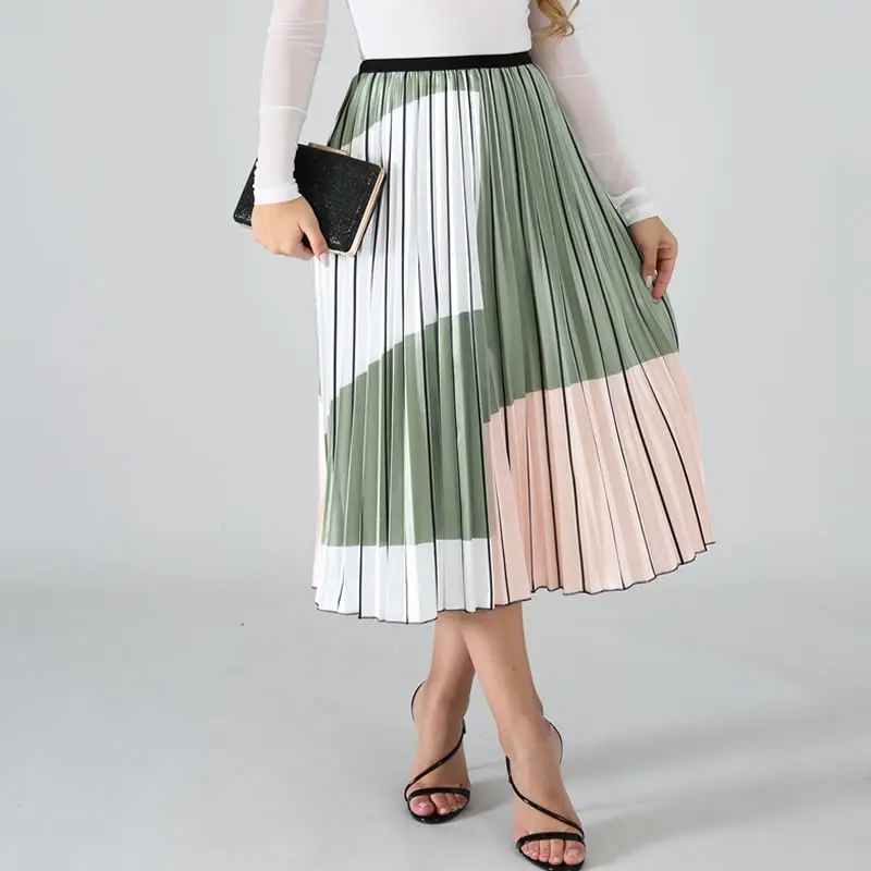 

2019 New-Coming Summer Contrast Color Splice Pleated Skirt Women Skirts High Street Style A-line Mid-Calf Fashion Skirts QH1999