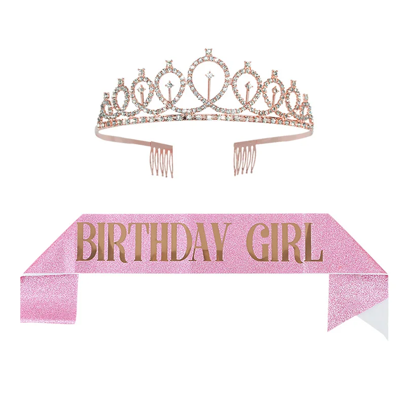 Gold Silver Glitter Birthday Sash Rhinestone Tiara 18th Crystal Crown Birthday Queen Satin Ribbon Sash For Birthday Party Decor 