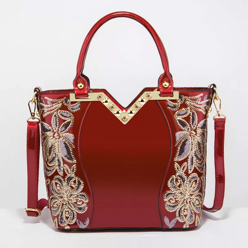 

High Quality Women Patent Leather Shoulder bag Gorgeous Rhinestone&Sequins Flower Pattern Handbag Fashion Large Capacity bags