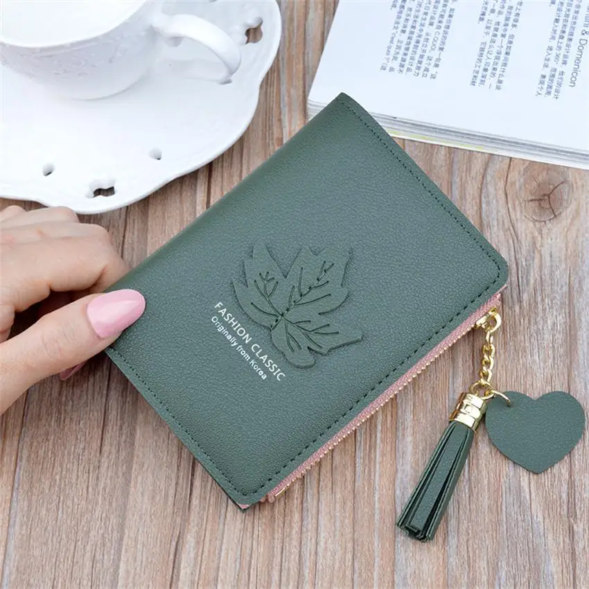 Green Новое поступление, женский короткий кошелек, высокое качество, с узором в виде листьев, кошелек для монет, на молнии, корейский, с кисточками, маленький кошелек, Billetera Mujer - Цвет: Green