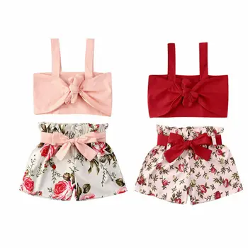 

2020 Hot Sale Baby Clothes 2pcs Set Newborn Baby Girl Clothes Cute Big Bow Vest Tops Flower Shorts Red Summer Beach Streetwear