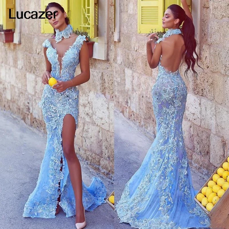 Blue Slit Prom Dresses Sexy Backless off shoulder Mermaid Evening Gowns High Split Formal Party Dress Appliques pink ball gown