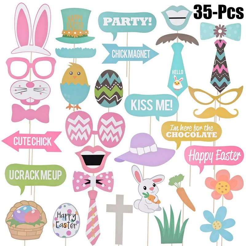 

Happy Easter Decorations Funny Photo Booth Props Rabbit Eggs Masks Glasses lip Photobooth props With Sticks Easter Party Decor