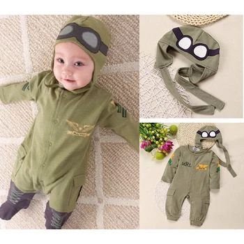 2024 Spring Autumn Baby Rompers + Cap Boys Clothes Newborn Jumpsuits Infant Clothing Overall Aviator Costumes Green Outfits