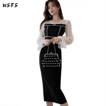 

Summer Black Dresses Vneck Long Flare Sleeve Mesh Dot Bodycon Womens Dress 2019 Elegant Sexy Party Ladies Pencil Midi Wrap Dress