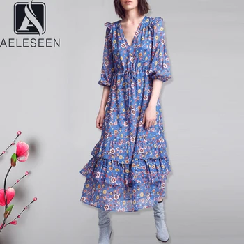 

AELESEEN Spring Summer Runway Fashion Dress Women's Half Lantern Sleeve Designer Floral Print Blus Loose V-Neck Ruffles Dress