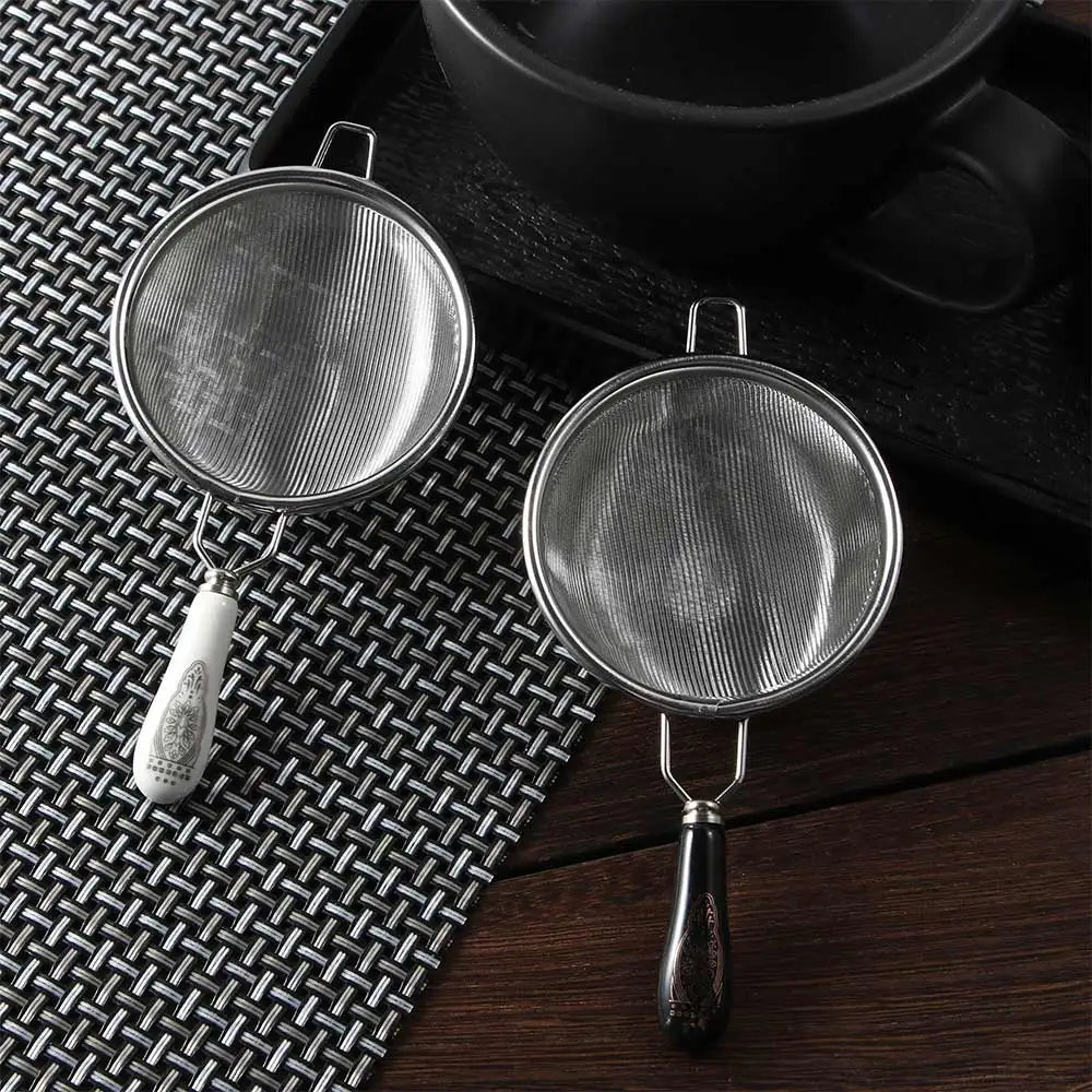 Chinese Vintage Tea Infuser Stainless Steel Dual Mesh Tea Strainer Loose Leaf Filter Ceramic Handle Accessories