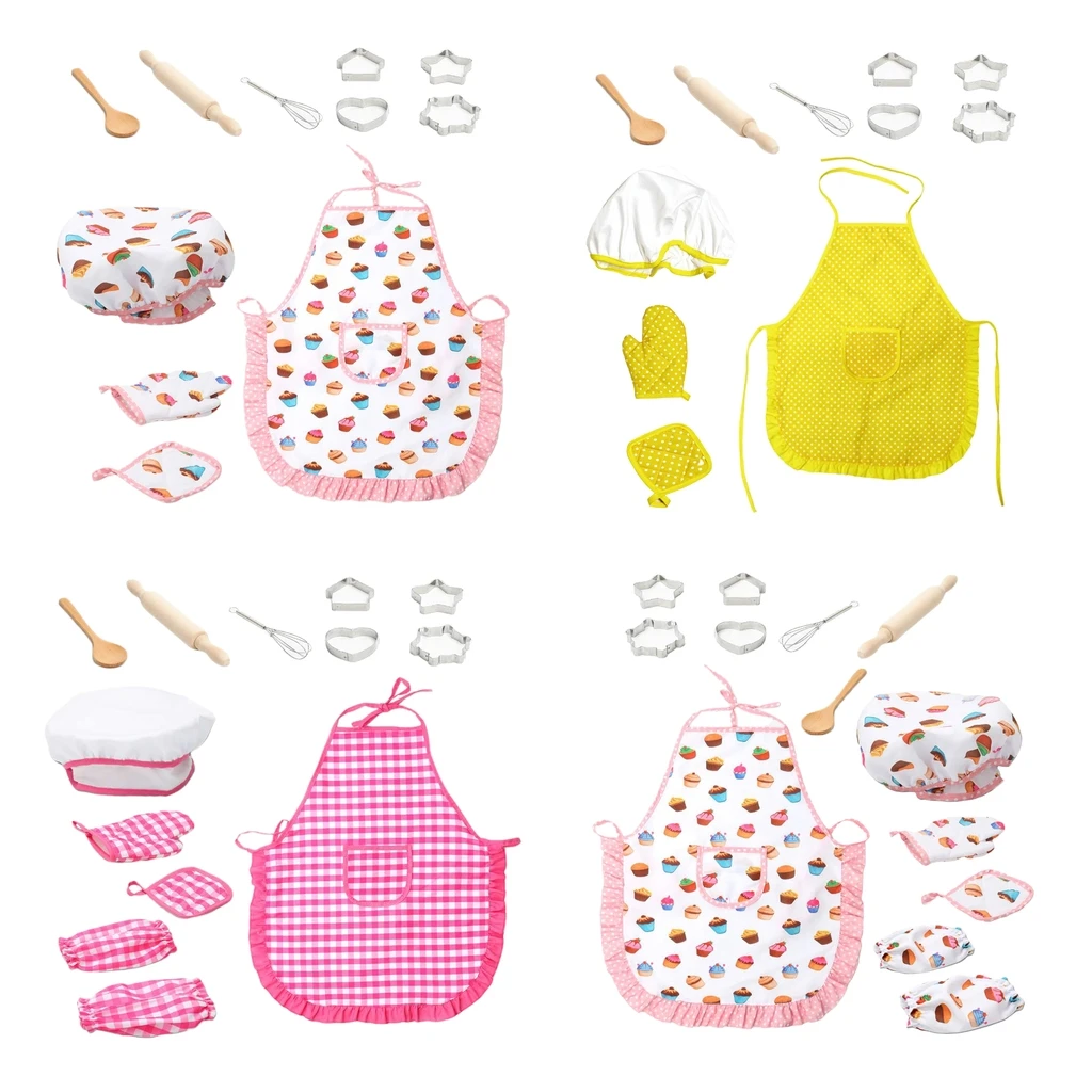 Kids Chef Set, Chef Set DIY Cooking Baking Suit Toys, Pretend Play Clothes Apron/ Gloves/ Hat /Cooker Gift for Kids Girl