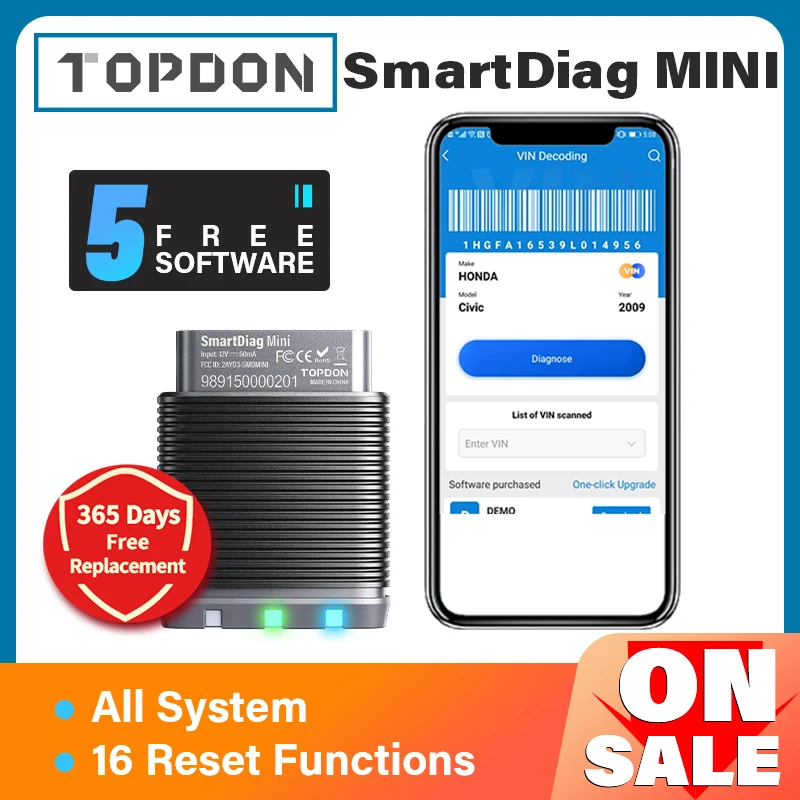 TOPDON-miniherramienta de diagnóstico de coche SmartDiag, escáner automotriz con Bluetooth 5, software gratuito, todos los sistemas, PK Thinkdiag Mini