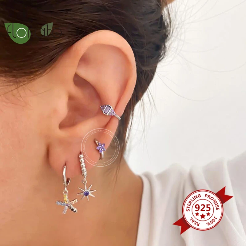 Серьги кольца из серебра 925 пробы с белым и фиолетовым кристаллом|Серьги-кольца| |