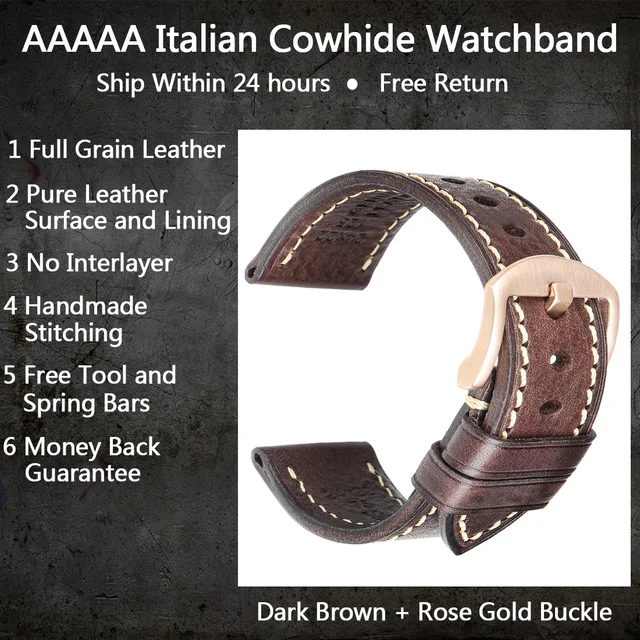 MAIKES Handmade Watch Band Genuine Cow Leather Watch Strap With Butterfly Buckle Bracelet For MONTBLANC Tudor Watchbands DarkBrown RG Buckle