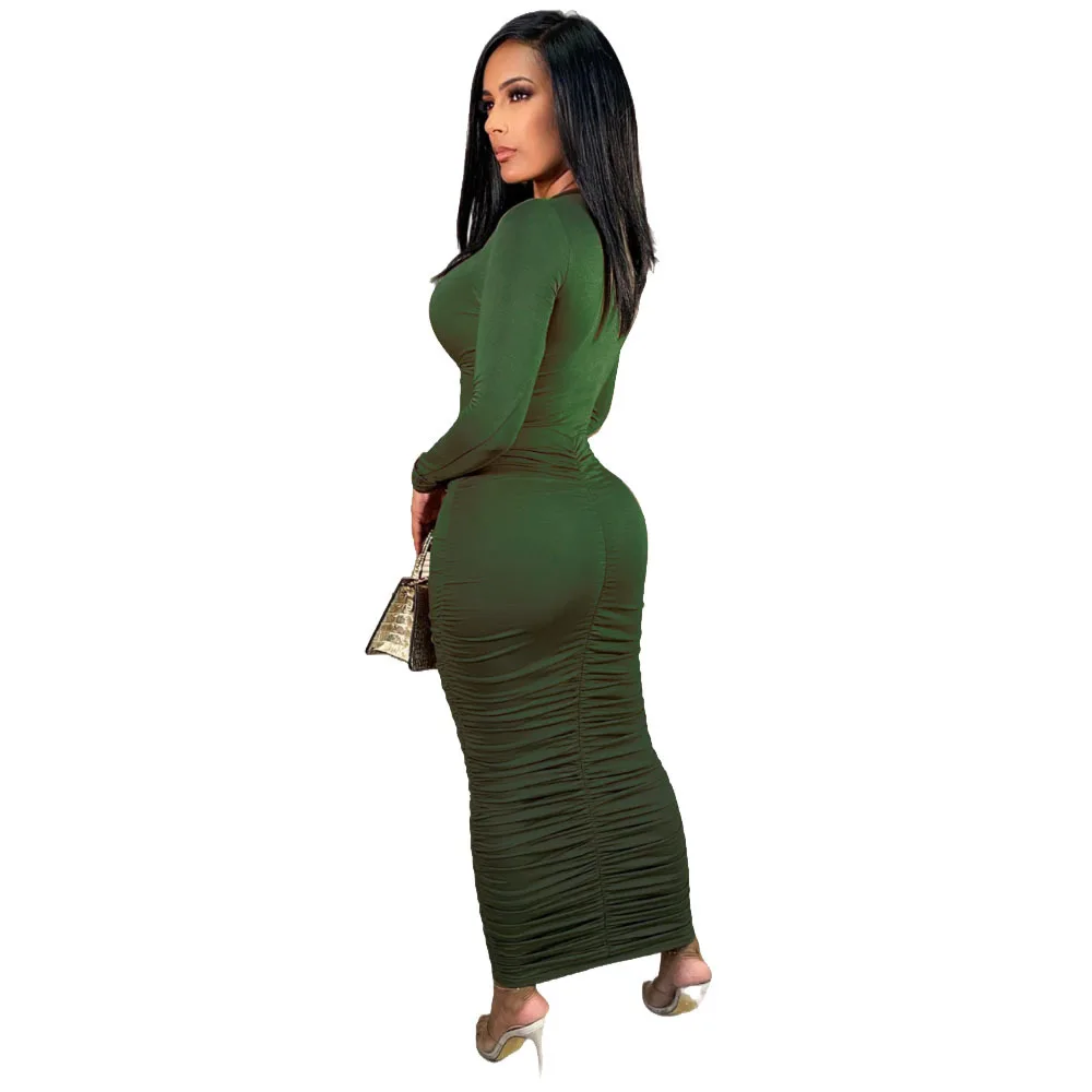 Long Sleeve Dress Casual Ladies Clothing Pure Color Pleated Slim Long Skirt Fall/Winter New Sexy Women Fashion Party Dresses 2XL