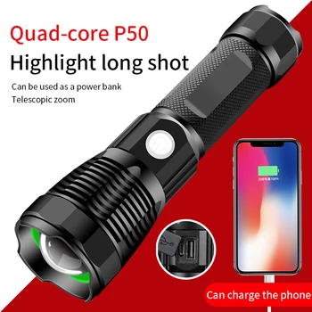 

Multifunction Input Output High Powerful Led Flashlight USB Zoom Tactical Torch PH50 26650 battery USB Rechargeable Flashlight