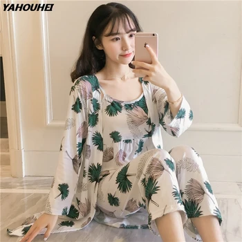 

2019 Autumn Fashion 3PCS Sexy Silk Pajamas Sets For Women Long Sleeve Floral Print Robes Pyjama Home Clothing Homewear 3 Pieces