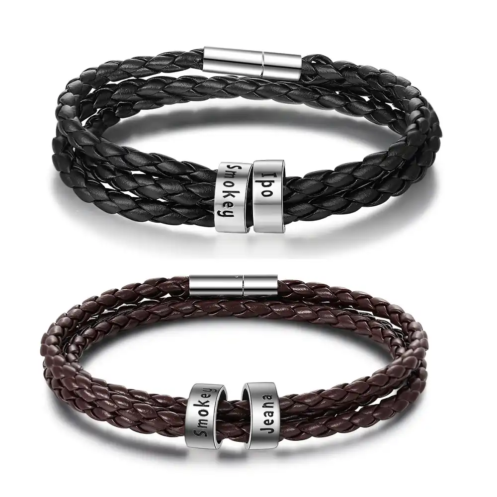Personalized Engraved Braid Leather Bracelet with 3 Custom Beads Charm