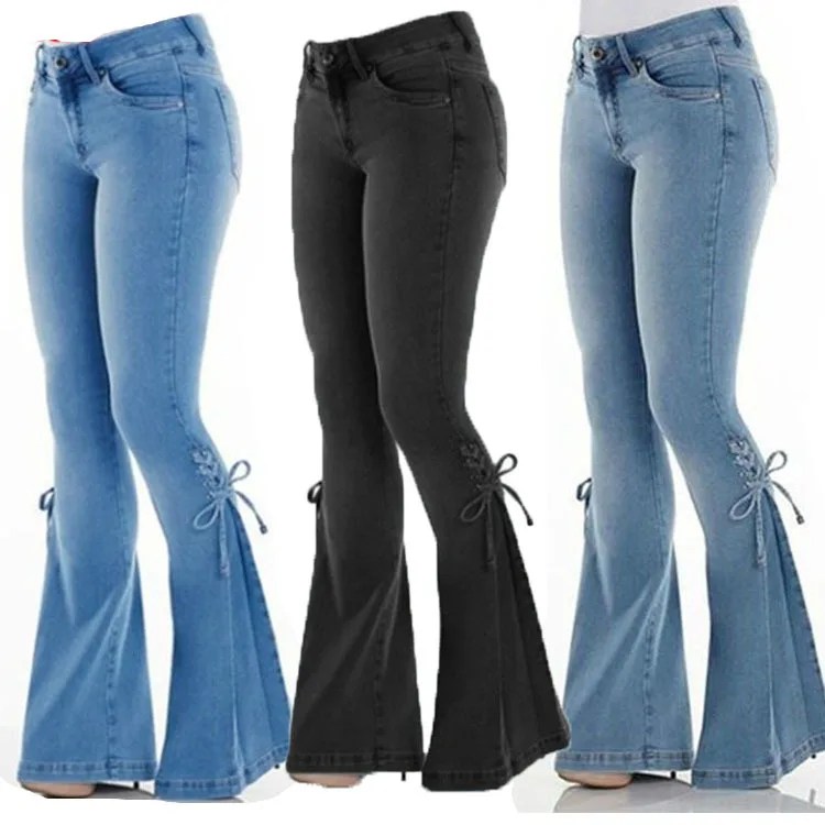 

Ladies Mid Waist Belt Denim Stretch Micro Bell Bottom Jeans Casual Fashion Lace up Denim Pants Stretch Women Flared Jeans