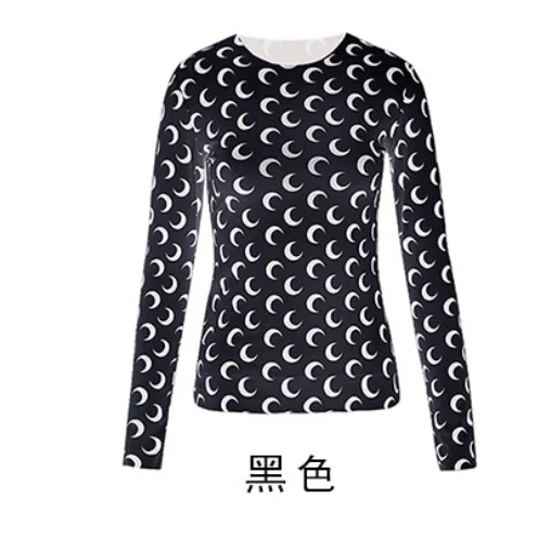 Ice Silk Crescent Moon Print Bodycon T-shirt Slim Top 2021 Summer Women's Round Neck Long Sleeve Tight T-shirt