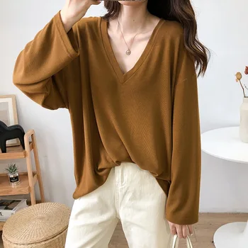 

YZY V-neck Long-sleeved T-shirt Female 2020 Autumn Korean-style Versatile Slimming Solid Color Tops Base