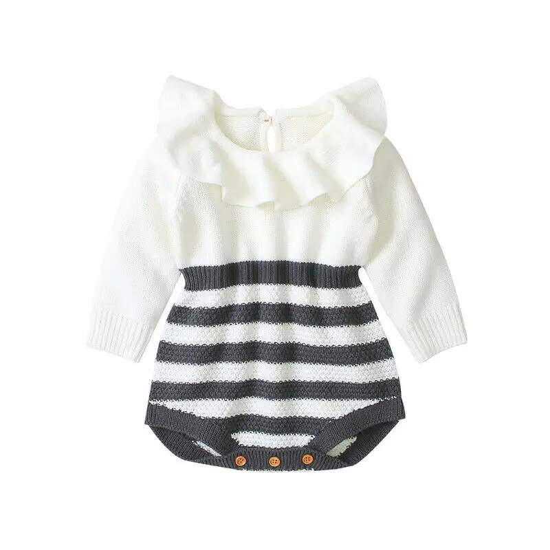 Детская весенне-осенняя одежда для принцессы, вязаная для маленьких девочек, свитер, ползунки с оборками, комбинезон, Лоскутная Одежда - Цвет: White Gray Striped