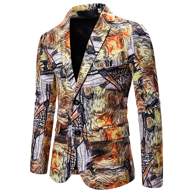 Angel Wings Printed Black Blazers Men Euro Size Slim Fit Mens Casual Blazer Jacket Wedding Formal Chaqueta Americana Hombre XXL