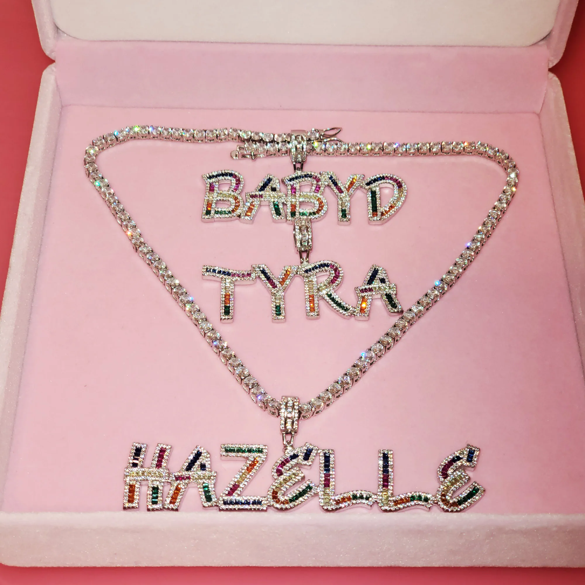 Bling Icy Square Cut Baguette Multi-Colors Zirconia Letters Custom Name Pendant Iced Out Colorful Initial Name Necklace