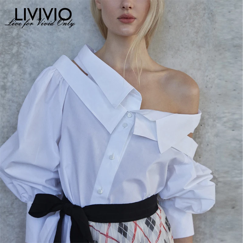[LIVIVIO] белая рубашка с длинными рукавами и отложным воротником женская блузка