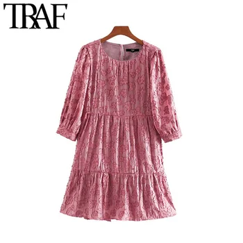

TRAF Women Vintage Sweet Floral Pattern Pleated Mini Dress Fashion O Neck Three Quarter Sleeve Office Wear Female Dresses Mujer