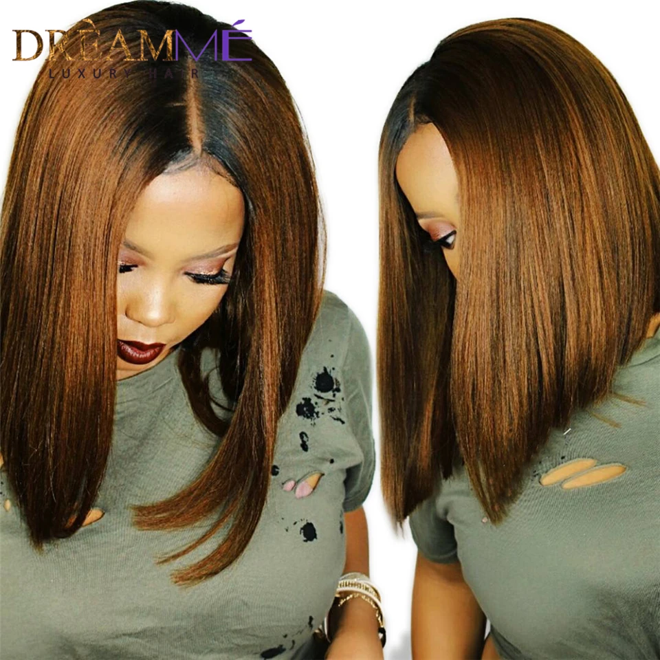 13x6 глубокий часть Синтетические волосы на кружеве человеческих волос парики для чернокожих Для женщин бразильский Волосы remy эффектом деграде(переход от темного к короткую стрижку человеческих волос Парики 150 плотность